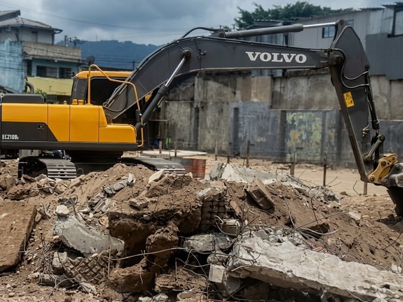 Excavadora Volvo trabajando sobre escombros en obra